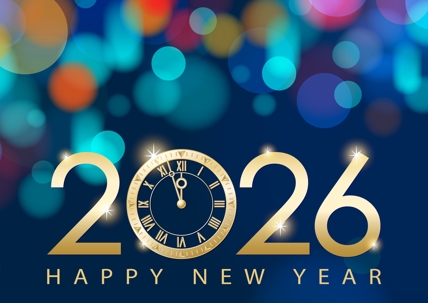 Join the countdown party on the New Year's Eve of 2026 with metallic clock on the colorful sparkling lights blue background